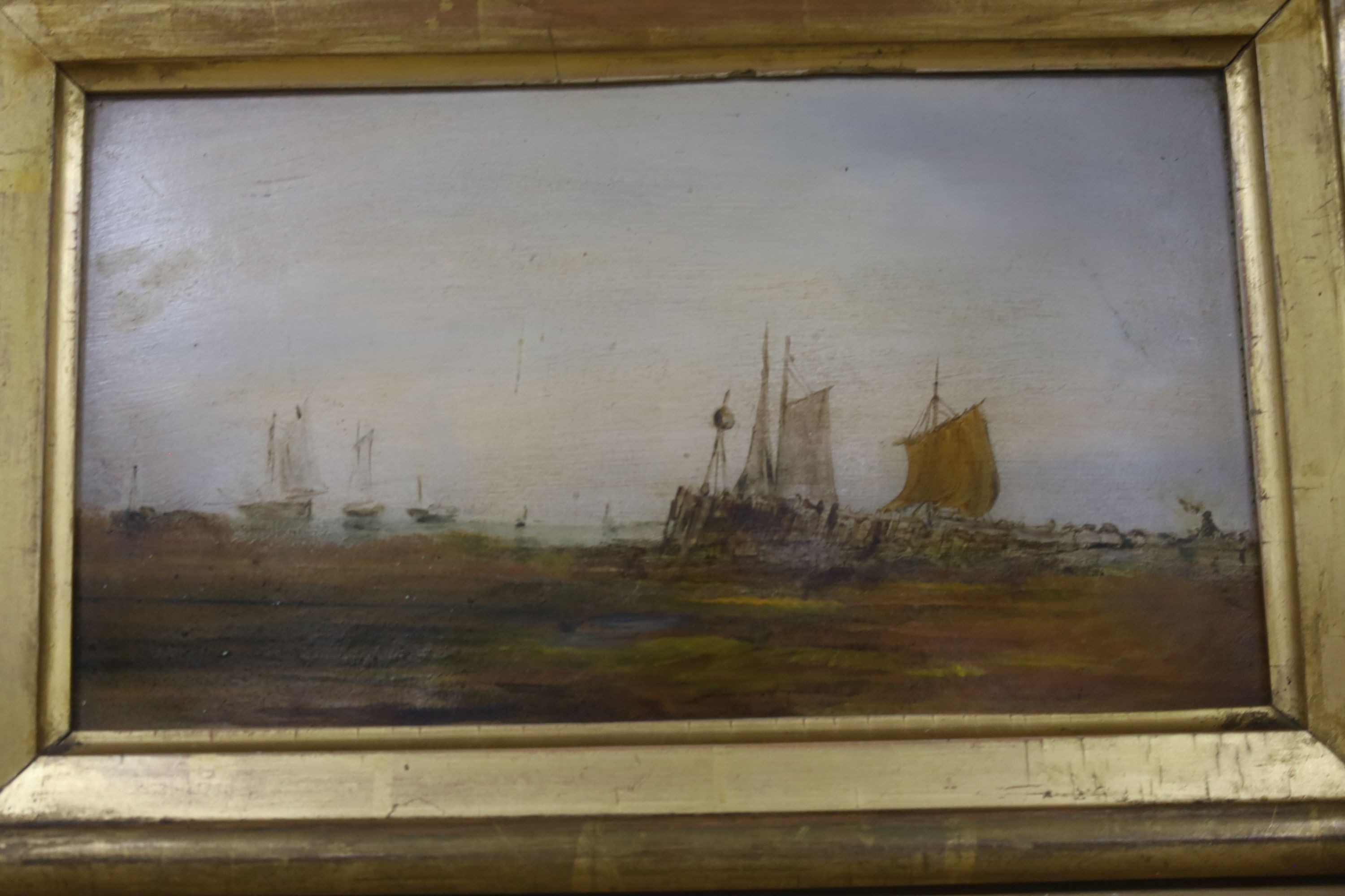 Dutch School, oil on panel, Sail barge and other shipping off the coast, 18 x 26cm, a winter landscape and a pair of oils of fishing boats by Bernard Page (1927-1988)